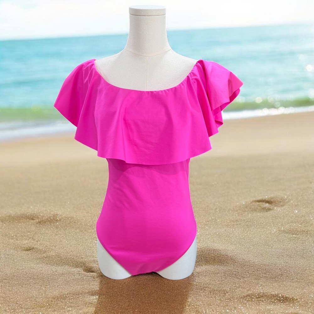 Trina Turk Pink Ruffle One Piece Swimsuit Resort Vacation Cruise Beach Size 10